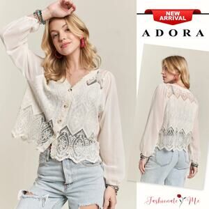 ADORA Button Down Embroidered Scallop Hem Long Sleeves Relaxed Blouse | Beige